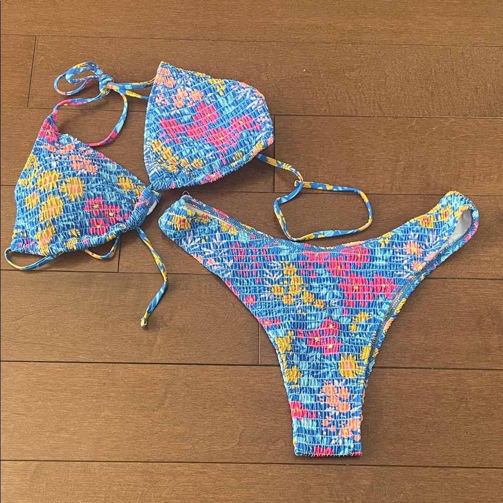 NEW Blue Floral Smocked Bikini